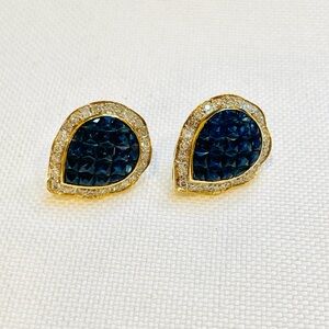 18k Gold French Cut Blue Natural Sapphire Earrings w/ Diamonds